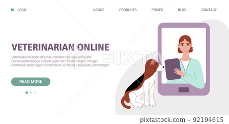 Veterinary online consultation web banner. A female veterinarian treats a beagle online. Veterinarian online service for dog. Vector illustration in flat style. Veterinary online consultation web banner. A female veterinarian treats a beagle online. Veterinarian online service for dog. Vector illustration in flat style. 92194615