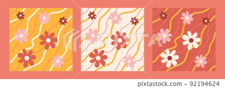 Pattern groovy trippy daisy set. Daisies and lines on bright background. 70s vibes floral background. Hand drawn vector illustration. Pattern groovy trippy daisy set. Daisies and lines on bright background. 70s vibes floral background. Hand drawn vector illustration. 92194624