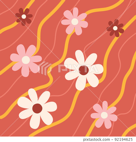 Pattern groovy trippy daisy. Daisies and lines on red background. 70s vibes floral background. Hand drawn vector illustration, flat style. Pattern groovy trippy daisy. Daisies and lines on red background. 70s vibes floral background. Hand drawn vector illustration, flat style. 92194625