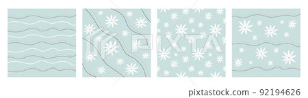 Pattern groovy trippy daisy set. Daisies and lines on light blue background. 70s vibes floral background. Hand drawn vector illustration in flat style. 92194626