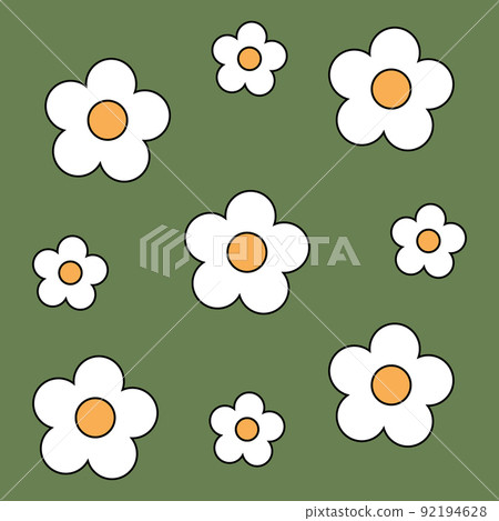 1970 trippy pattern daisy. White daisies on green background. 70s vibes floral background. Groovy hand drawn vector illustration. 1970 trippy pattern daisy. White daisies on green background. 70s vibes floral background. Groovy hand drawn vector illustration. 92194628