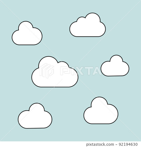 1970 trippy pattern cloud. White clouds on a light blue background. 70s vibes background. Groovy hand drawn vector illustration. 1970 trippy pattern cloud. White clouds on a light blue background. 70s vibes background. Groovy hand drawn vector illustration. 92194630
