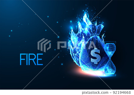 FIRE financial independence, early retirement concept, in futuristic glowing style on dark blue  92194668