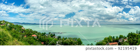 Lake Balaton panoramatic view from Tihany viewpoint on hot summer day 92195419