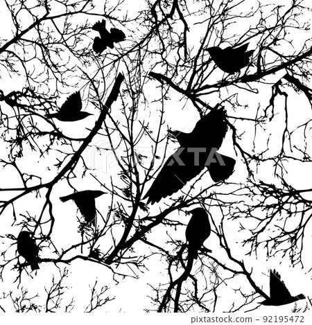 Seamless pattern of tree branches and flying birds. Vector illustration 92195472