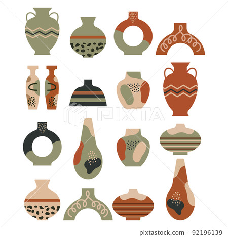 Set of vintage pottery with ornaments. Flat illustration, doodle style icons, vector Set of vintage pottery with ornaments. Flat illustration, doodle style icons, vector 92196139
