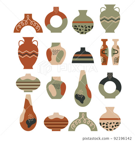 Set of vintage pottery with ornaments. Flat illustration, doodle style icons, vector Set of vintage pottery with ornaments. Flat illustration, doodle style icons, vector 92196142