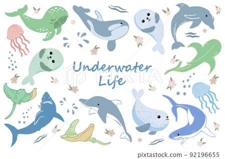 Set of sea animals, cute whales, sharks, rays and jellyfish on a white background with flowers and bubbles. Icons, print for children, decor elements Set of sea animals, cute whales, sharks, rays and jellyfish on a white background with flowers and bubbles. Icons, print for children, decor elements 92196655