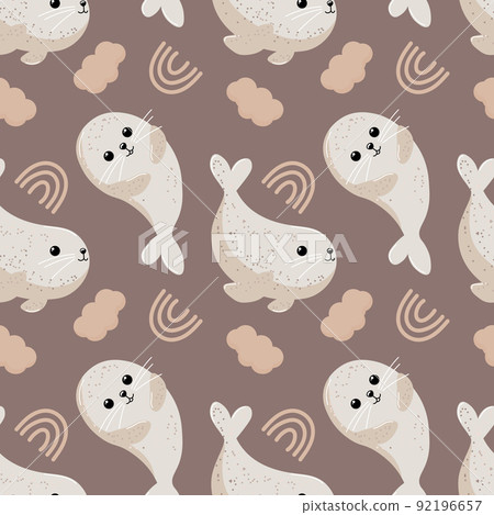 Seamless pattern, cute fur seals, rainbows and clouds on a brown background. Print for children, textiles, children's bedroom decor, wallpaper Seamless pattern, cute fur seals, rainbows and clouds on a brown background. Print for children, textiles, children's bedroom decor, wallpaper 92196657