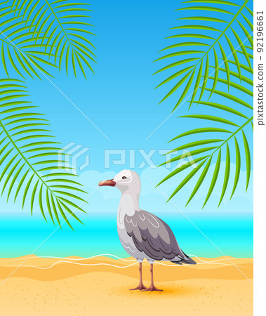 Cute seagull on a sandy beach with tropical plants against the backdrop of a seascape. Summer illustration, vector Cute seagull on a sandy beach with tropical plants against the backdrop of a seascape. Summer illustration, vector 92196661