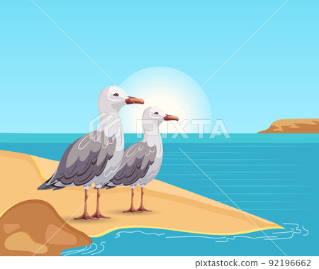 Cute seagulls on a sandy island against the backdrop of a seascape. Summer illustration, vector	 92196662