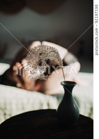 Self loving woman with real body. Clear demonstration of self-love, body positivity. 92197198