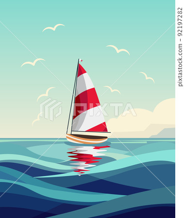 Seascape with a yacht, a yacht with a red and white sail and seagulls against the background of the sea with clouds. Clip art, print, wall art Seascape with a yacht, a yacht with a red and white sail and seagulls against the background of the sea with clouds. Clip art, print, wall art 92197282