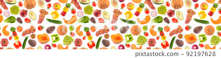 Panoramic fruit and vegetable seamless pattern isolated on white background. Panoramic fruit and vegetable seamless pattern isolated on white background. 92197628