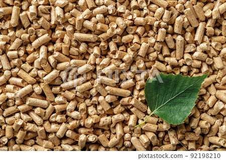 Green birch leaf over wood pellets background. Alternative source for ecological home heating. Green birch leaf over wood pellets background. Alternative source for ecological home heating. 92198210