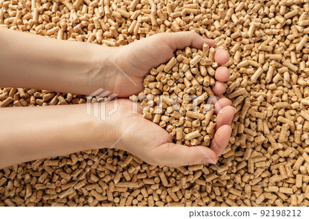 Woman hands hold wooden pellets. Handful of wood pellet fuel in a person hands. Woman hands hold wooden pellets. Handful of wood pellet fuel in a person hands. 92198212