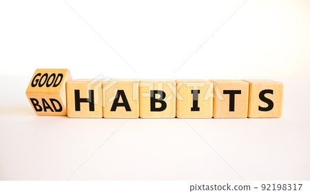 Good or bad habits symbol. Turned wooden cubes and changed concept words Old habits to New habits. Beautiful white table white background. Business old or new habits concept. Copy space. Good or bad habits symbol. Turned wooden cubes and changed concept words Old habits to New habits. Beautiful white table white background. Business old or new habits concept. Copy space. 92198317