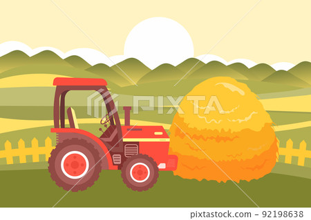 An agricultural tractor against the backdrop of fields and sunset. The concept of agricultural transport. Illustration, vector An agricultural tractor against the backdrop of fields and sunset. The concept of agricultural transport. Illustration, vector 92198638