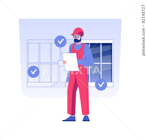 Building code inspection isolated concept vector illustration. Professional building inspector writing a report, commercial construction, check property project state vector concept. Building code inspection isolated concept vector illustration. Professional building inspector writing a report, commercial construction, check property project state vector concept. 92198727