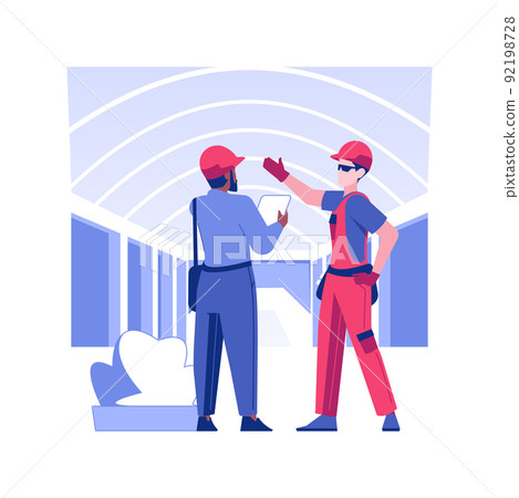 Commercial construction walk-through isolated concept vector illustration. Building inspector walks through a commercial construction site with contractor, development progress vector concept. Commercial construction walk-through isolated concept vector illustration. Building inspector walks through a commercial construction site with contractor, development progress vector concept. 92198728