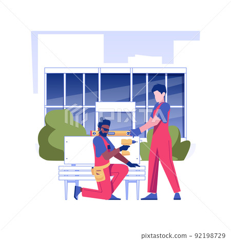 Commercial courtyard landscaping isolated concept vector illustration. Utility workers put benches in the yard, improvement of the territory, commercial landscaping vector concept. Commercial courtyard landscaping isolated concept vector illustration. Utility workers put benches in the yard, improvement of the territory, commercial landscaping vector concept. 92198729