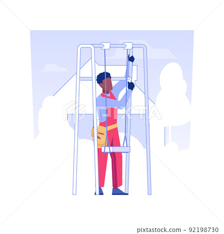 Playground installation isolated concept vector illustration. Repairman in uniform installs a playground, mounting swing for kids, children entertainment, outdoor space vector concept. Playground installation isolated concept vector illustration. Repairman in uniform installs a playground, mounting swing for kids, children entertainment, outdoor space vector concept. 92198730