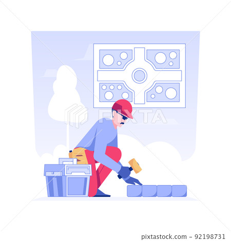 Laying paving isolated concept vector illustration. Contractor deals with garden sidewalks paving, landscaping, territory improvement, laying footpath, bricklayers job vector concept. Laying paving isolated concept vector illustration. Contractor deals with garden sidewalks paving, landscaping, territory improvement, laying footpath, bricklayers job vector concept. 92198731