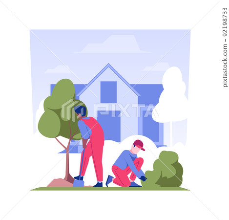 Planting trees isolated concept vector illustration. Group of contractors planting trees, commercial construction, landscaping industry, gardening season, park development vector concept. Planting trees isolated concept vector illustration. Group of contractors planting trees, commercial construction, landscaping industry, gardening season, park development vector concept. 92198733