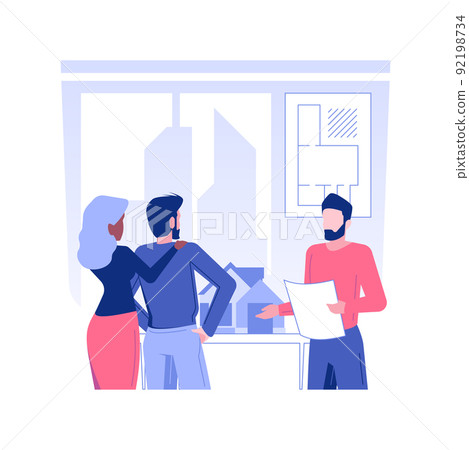 Landscape design project isolated concept vector illustration. Man showing landscape design project to his clients, commercial construction, meeting with professional architect vector concept. Landscape design project isolated concept vector illustration. Man showing landscape design project to his clients, commercial construction, meeting with professional architect vector concept. 92198734