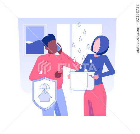 Home warranty isolated concept vector illustration. Young couple worried about leaking roof in new home, people calling for inspection service, home warranty coverage vector concept. Home warranty isolated concept vector illustration. Young couple worried about leaking roof in new home, people calling for inspection service, home warranty coverage vector concept. 92198738