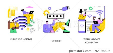 Data transfer abstract concept vector illustration set. Public wi-fi hotspot, ethernet technology, wireless device connection, web infrastructure, computer network, hot spot abstract metaphor. 92198806