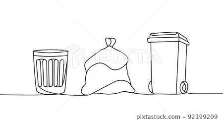 Set of trash one line continuous drawing. Rubbish, garbage, trash can, garbage bag, recycle bin continuous one line set illustration. Set of trash one line continuous drawing. Rubbish, garbage, trash can, garbage bag, recycle bin continuous one line set illustration. 92199209