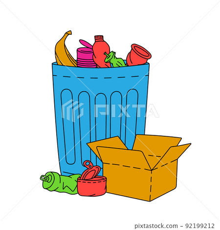 Pile of household garbage. Garbage container with unsorted trash. Plastic, glass, metal, paper, organic waste illustration. Garbage metal can 92199212