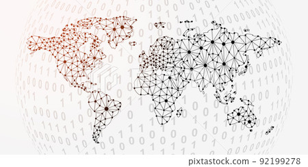World Map 3d low poly symbol with binary code background. Travel design vector illustration. Earth planet polygonal symbol with connected dots 92199278