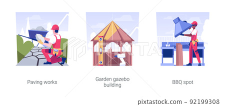 Small architectural forms installation isolated concept vector illustration set. Paving works, garden gazebo building, BBQ spot in the backyard, lay footpath, exterior works vector cartoon. 92199308