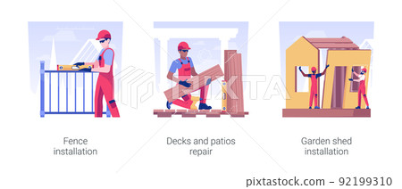 Landscape works in private house building isolated concept vector illustration set. Fence installation, decks and patios repair, garden shed assembling, backyard maintenance vector cartoon. Landscape works in private house building isolated concept vector illustration set. Fence installation, decks and patios repair, garden shed assembling, backyard maintenance vector cartoon. 92199310