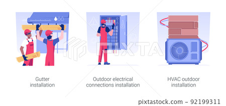 Exterior utilities in residential construction isolated concept vector illustration set. Gutter and water pipes installation, outdoor electrical wires, HVAC system in private house vector cartoon. Exterior utilities in residential construction isolated concept vector illustration set. Gutter and water pipes installation, outdoor electrical wires, HVAC system in private house vector cartoon. 92199311