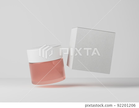 Pink plastic cosmetic cream jar with white lid and cardboard box, care product packaging and branding mockup 3D render Pink plastic cosmetic cream jar with white lid and cardboard box, care product packaging and branding mockup 3D render 92201206