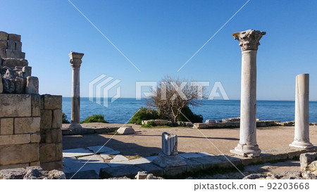 Ancient Doric columns on the seashore in Crimea, Tauric Chersonesos 92203668