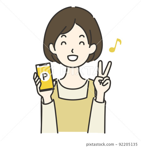 Illustration of a housewife who gets points on a smartphone Illustration of a housewife who gets points on a smartphone 92205135