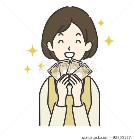 Illustration of a smiling housewife with a lot of money Illustration of a smiling housewife with a lot of money 92205137