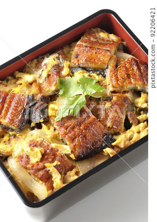 A bird's-eye view of the eel broiled eel with eggs and trefoil on it on a white background A bird's-eye view of the eel broiled eel with eggs and trefoil on it on a white background 92206421