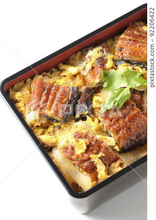 A bird's-eye view of the eel broiled eel with eggs and trefoil on it on a white background A bird's-eye view of the eel broiled eel with eggs and trefoil on it on a white background 92206422