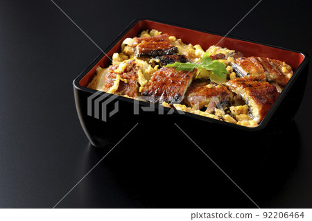 Photographed eel broiled with eggs and trefoil on a black background 92206464