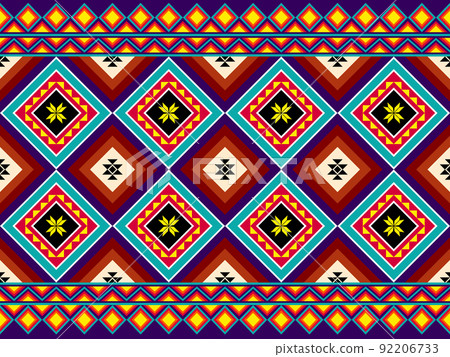 Red Green Brown Symmetry Geometric Square Ethnic Seamless Pattern on Purple Background 92206733
