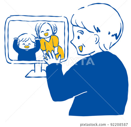享受遠程通話的祖母和孫子孫女簡單 92208587