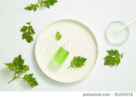 mugwort decorated with petri dish and glassware , top view , nature plant for benefit of health , white background for health advertising mugwort decorated with petri dish and glassware , top view , nature plant for benefit of health , white background for health advertising 92209158