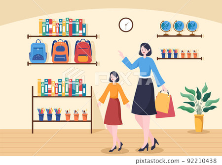Stationery Shop for Buying School Supplies Like a Book, Backpack, Notebook, Ruler, Pencil, Pen, Calculator or Scissors in Flat Cartoon Illustration Stationery Shop for Buying School Supplies Like a Book, Backpack, Notebook, Ruler, Pencil, Pen, Calculator or Scissors in Flat Cartoon Illustration 92210438