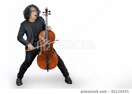 cellist asian man play classic wood cello on white isolated background 92210455