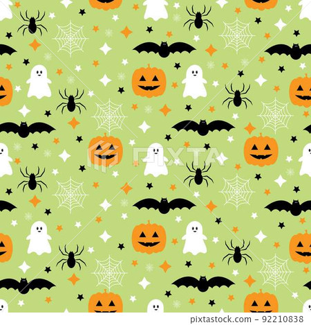 Seamless pattern with pumpkins, bats, spider, ghost. Halloween background. Vector illustration. Seamless pattern with pumpkins, bats, spider, ghost. Halloween background. Vector illustration. 92210838